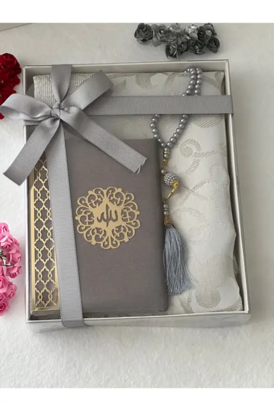 3 Piece Gift Prayer Rug Set Gray Color-Gray - 2
