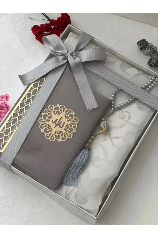 3 Piece Gift Prayer Rug Set Gray Color-Gray - MARKAPOLIN