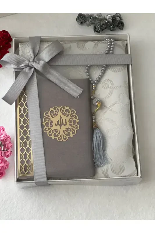 3 Piece Gift Prayer Rug Set Gray Color-Gray - 3