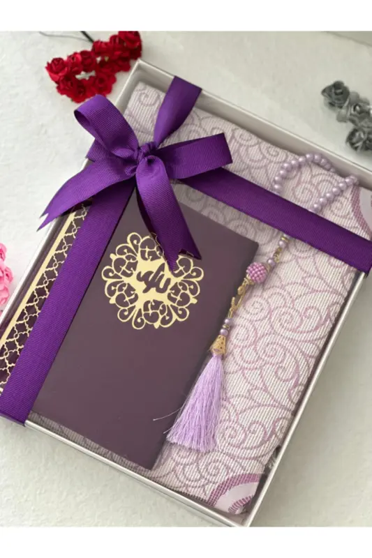 3 Piece Gift Prayer Rug Set Purple Color-Purple - 1