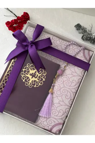 3 Piece Gift Prayer Rug Set Purple Color-Purple - 2