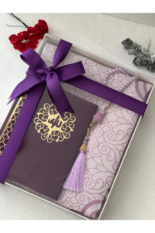 3 Piece Gift Prayer Rug Set Purple Color-Purple - 2