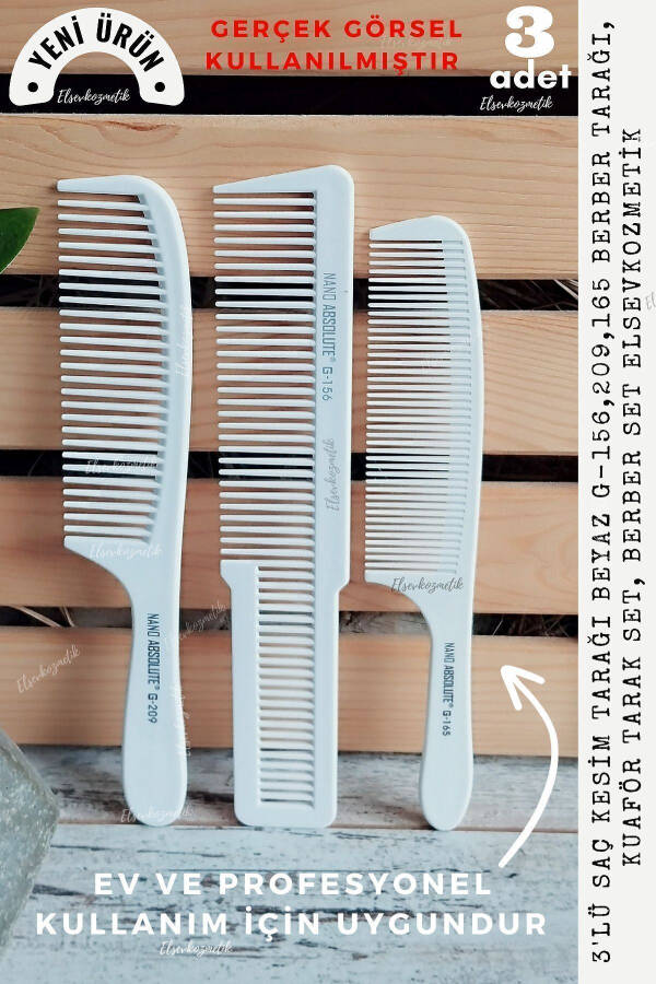 3-Piece Hair Cutting Comb WHITE G-209,165,156 Barber Comb, Hairdresser Comb Set, Barber Set elsevkozmetik - 1