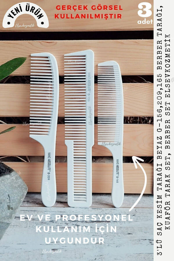 3-Piece Hair Cutting Comb WHITE G-209,165,156 Barber Comb, Hairdresser Comb Set, Barber Set elsevkozmetik - 8