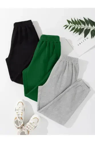 3-Piece Jogger Sweatpants - Black Petrol Green Grey Elastic Hem High Waist Summer-Black Petrol Green Grey - 1
