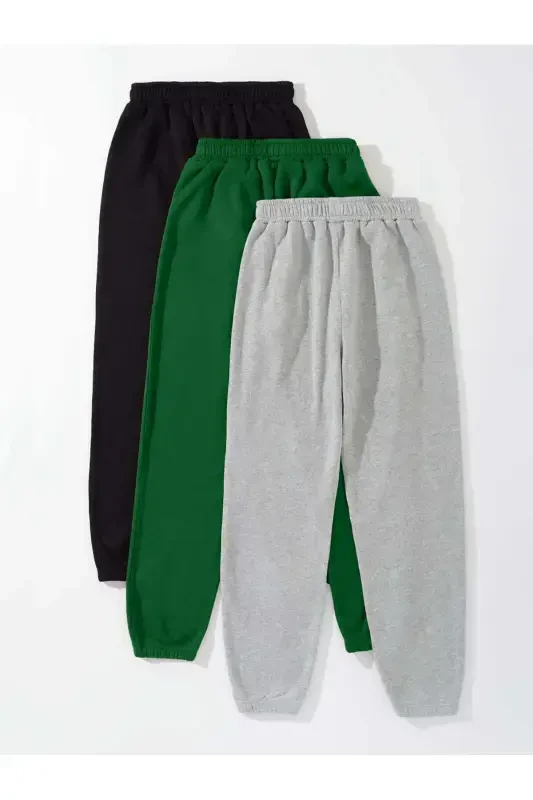 3-Piece Jogger Sweatpants - Black Petrol Green Grey Elastic Hem High Waist Summer-Black Petrol Green Grey - 2
