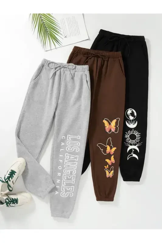 3-Piece Logo Printed Jogger Sweatpants - Black Grey And Brown Elastic Hem High Waist Summer-Gray - MYTHOLOGIE