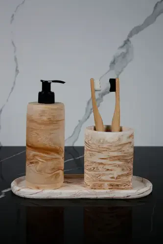 3 Piece Marble Patterned Concrete Bathroom Set Liquid Soap Dispenser Toothbrush Holder Presentation Tray-Beige - 1