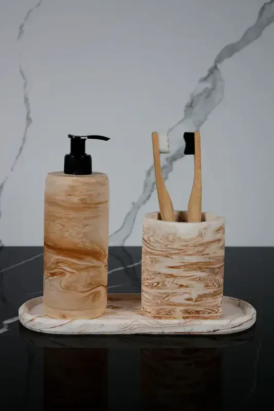 3 Piece Marble Patterned Concrete Bathroom Set Liquid Soap Dispenser Toothbrush Holder Presentation Tray-Beige - BETONMALL