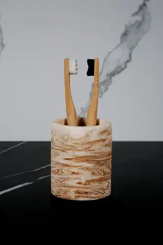 3 Piece Marble Patterned Concrete Bathroom Set Liquid Soap Dispenser Toothbrush Holder Presentation Tray-Beige - BETONMALL (1)