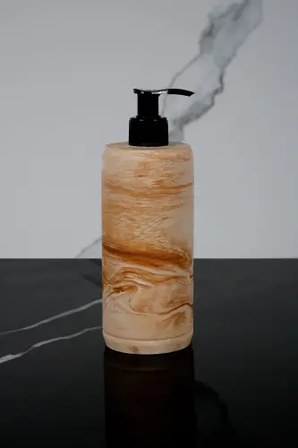 3 Piece Marble Patterned Concrete Bathroom Set Liquid Soap Dispenser Toothbrush Holder Presentation Tray-Beige - 4