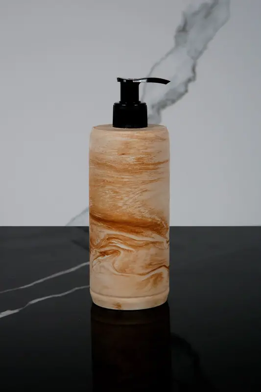 3 Piece Marble Patterned Concrete Bathroom Set Liquid Soap Dispenser Toothbrush Holder Presentation Tray-Beige - 4