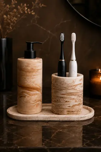 3 Piece Marble Patterned Concrete Bathroom Set Liquid Soap Dispenser Toothbrush Holder Presentation Tray-Beige 