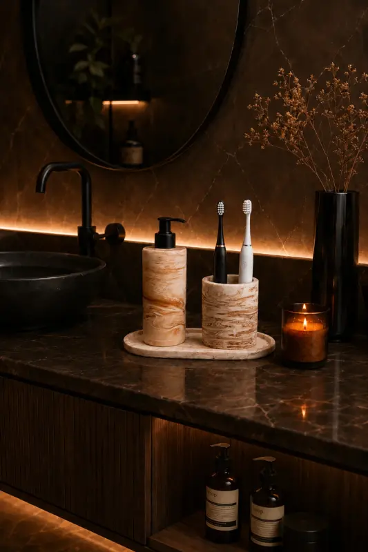3 Piece Marble Patterned Concrete Bathroom Set Liquid Soap Dispenser Toothbrush Holder Presentation Tray-Beige - 3