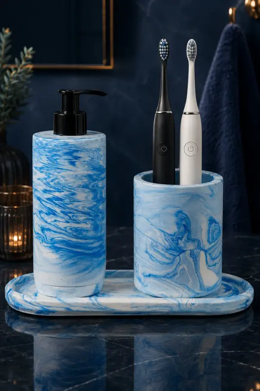 3 Piece Marble Patterned Concrete Bathroom Set Liquid Soap Dispenser Toothbrush Holder Presentation Tray-Blue - BETONMALL