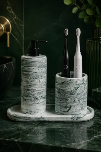 3 Piece Marble Patterned Concrete Bathroom Set Liquid Soap Dispenser Toothbrush Holder Presentation Tray-Green 