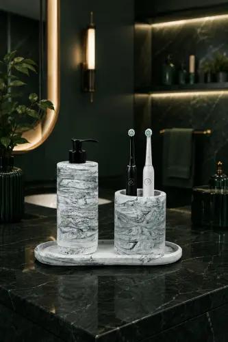 3 Piece Marble Patterned Concrete Bathroom Set Liquid Soap Dispenser Toothbrush Holder Presentation Tray-Green - 2