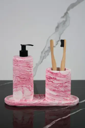 3 Piece Marble Patterned Concrete Bathroom Set Liquid Soap Dispenser Toothbrush Holder Presentation Tray-Pink - 1