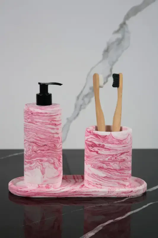 3 Piece Marble Patterned Concrete Bathroom Set Liquid Soap Dispenser Toothbrush Holder Presentation Tray-Pink - 1