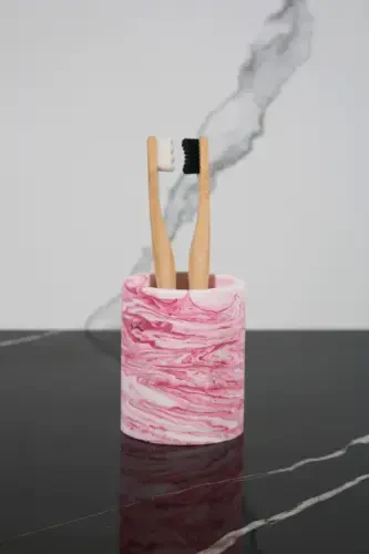 3 Piece Marble Patterned Concrete Bathroom Set Liquid Soap Dispenser Toothbrush Holder Presentation Tray-Pink - BETONMALL (1)