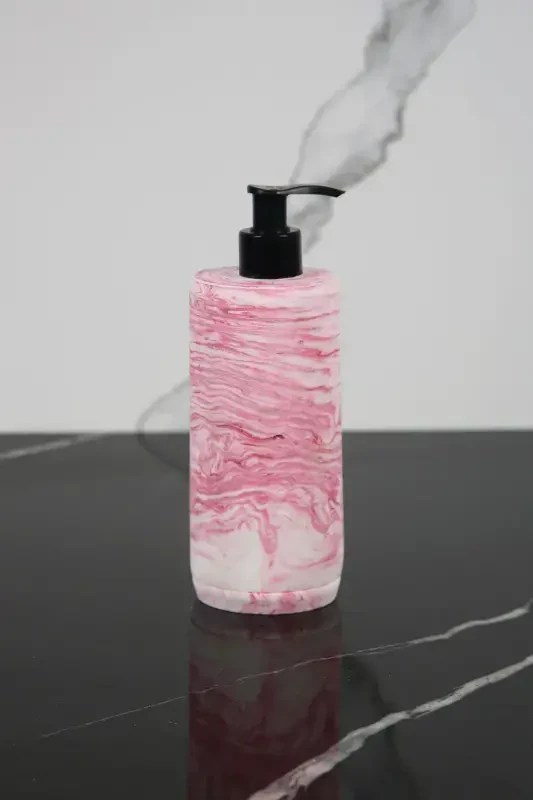 3 Piece Marble Patterned Concrete Bathroom Set Liquid Soap Dispenser Toothbrush Holder Presentation Tray-Pink - 3