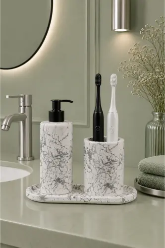 3-Piece Marble Patterned Concrete Bathroom Set Liquid Soap Dispenser Toothbrush Holder Presentation Tray - Silver 