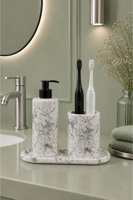 3-Piece Marble Patterned Concrete Bathroom Set Liquid Soap Dispenser Toothbrush Holder Presentation Tray - Silver - 1