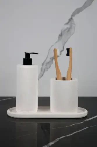 3 Piece Marble Patterned Concrete Bathroom Set Liquid Soap Dispenser Toothbrush Holder Presentation Tray-White - 1