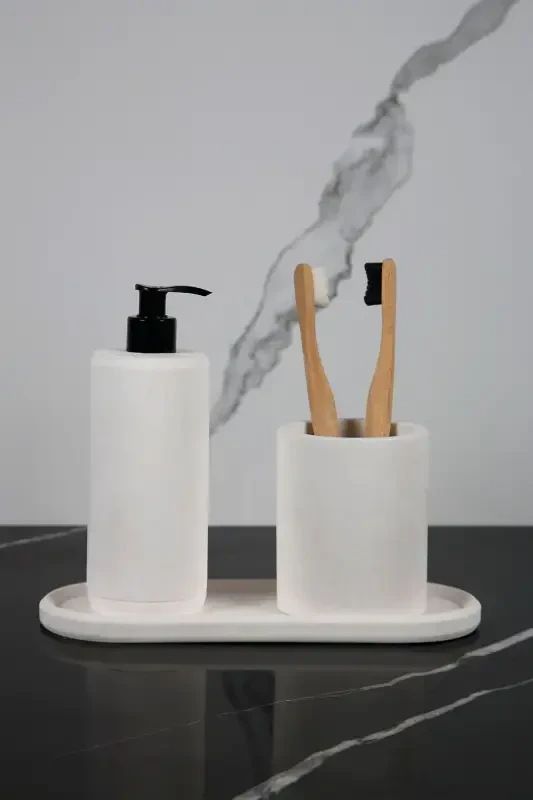 3 Piece Marble Patterned Concrete Bathroom Set Liquid Soap Dispenser Toothbrush Holder Presentation Tray-White - BETONMALL