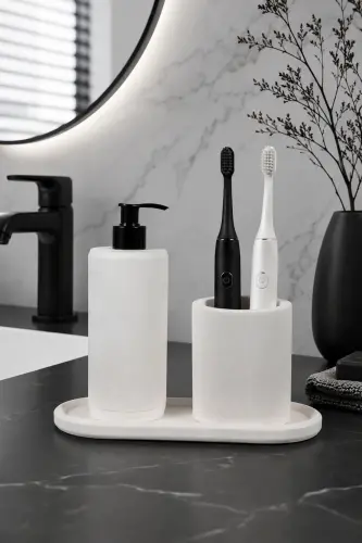 3 Piece Marble Patterned Concrete Bathroom Set Liquid Soap Dispenser Toothbrush Holder Presentation Tray-White 
