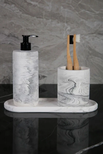 3 Piece Marble Patterned Concrete Bathroom Set Liquid Soap Dispenser Toothbrush Holder Serving Tray - BETONMALL