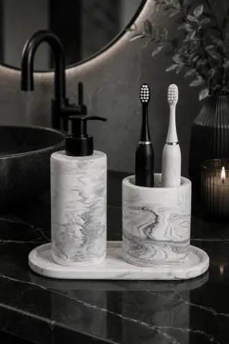 3 Piece Marble Patterned Concrete Bathroom Set Liquid Soap Dispenser Toothbrush Holder Serving Tray 