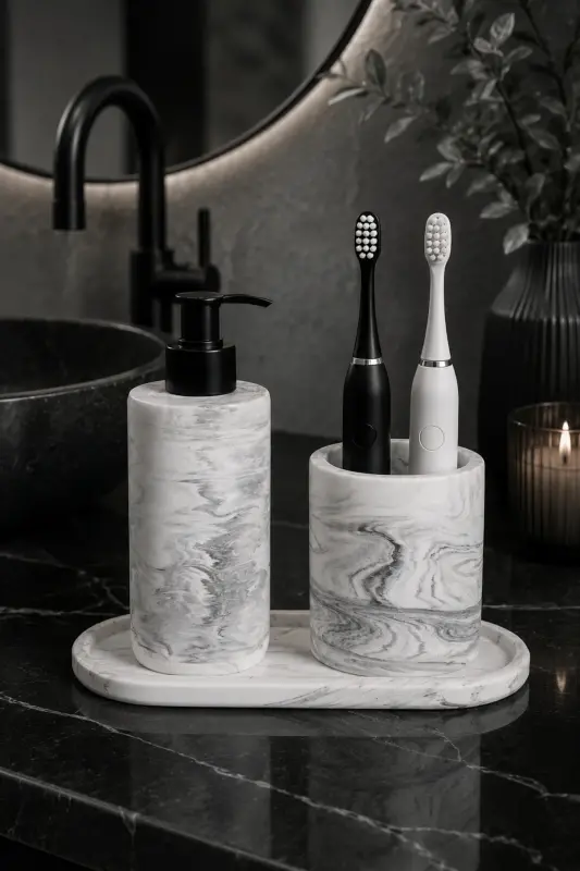3 Piece Marble Patterned Concrete Bathroom Set Liquid Soap Dispenser Toothbrush Holder Serving Tray - 1