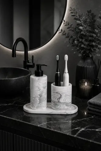 3 Piece Marble Patterned Concrete Bathroom Set Liquid Soap Dispenser Toothbrush Holder Serving Tray - 2