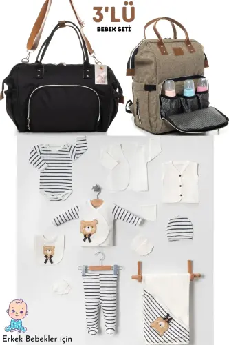 3-Piece Newborn Set (10 PIECE 100% COTTON HOSPITAL OUTFIT, BABY CARE SHOULDER BAG AND BACKPACK)-GRAY 