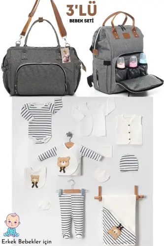 3-Piece Newborn Set (10 PIECE 100% COTTON HOSPITAL OUTFIT, BABY CARE SHOULDER BAG AND BACKPACK)-GRAY 