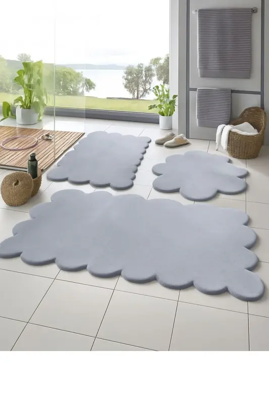 3-Piece Non-Slip Bath Mat Rug Set 50x50 Round Daisy 50x60 LASER-60x100 LASER-Light Gray - BALAT HALI