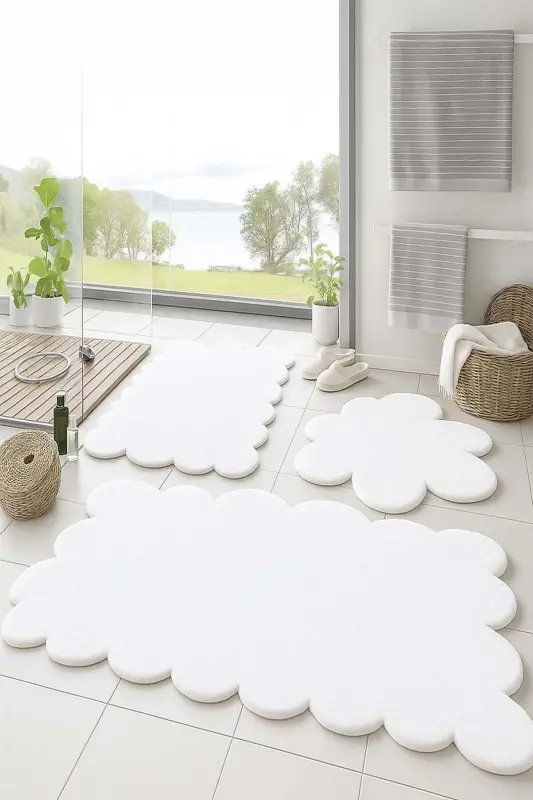 3-Piece Non-Slip Bath Mat Rug Set 50x50 (round daisy) --50x60(LASER)- -60x100 (LASER)-White - 1