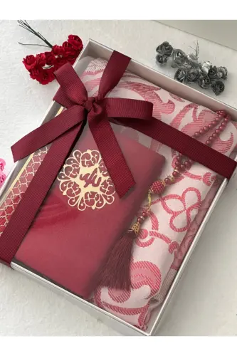 3 Piece Prayer Rug Set Burgundy Color-Burgundy 