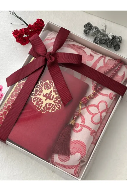 3 Piece Prayer Rug Set Burgundy Color-Burgundy - 1