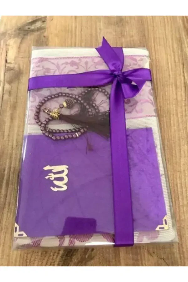 3 Piece Prayer Set 1 Yasin-i Sharif 1 Prayer Rug 1 Tasbih Purple Color - 1