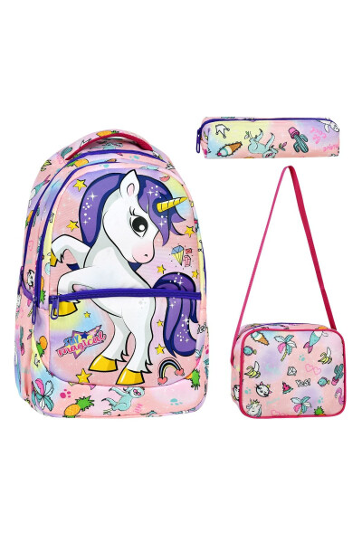 3-Piece Primary School Unicorn Patterned, Girls' Lunchbox and Pencil Case School Bag - 1