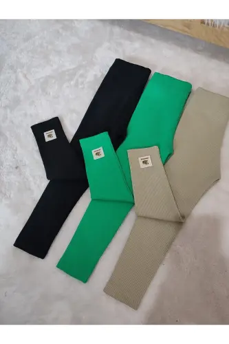 3-piece ribbed legging set with tag detail green black beige-Green black beige 