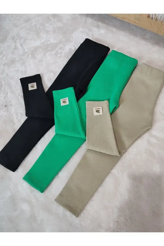 3-piece ribbed legging set with tag detail green black beige-Green black beige - 2