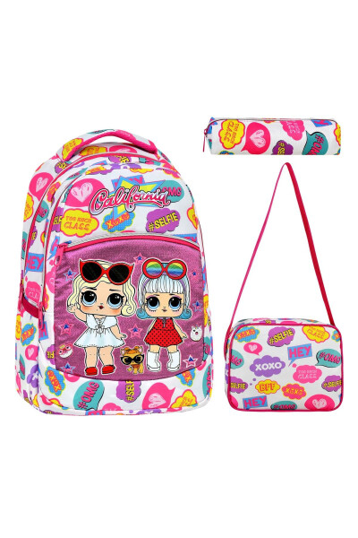 3-Piece School Set, White Patterned Elementary School Backpack + Lunch Bag + Pencil Case - 1