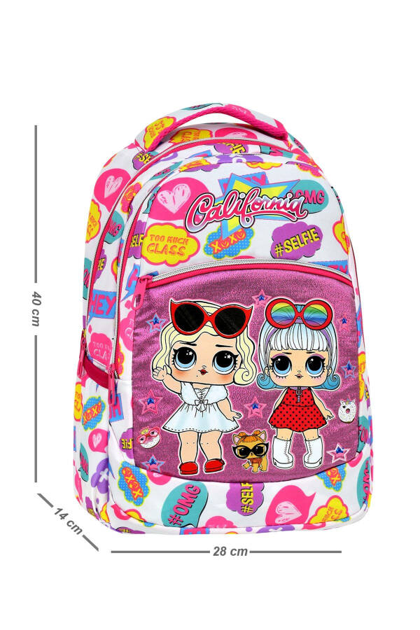 3-Piece School Set, White Patterned Elementary School Backpack + Lunch Bag + Pencil Case - 4