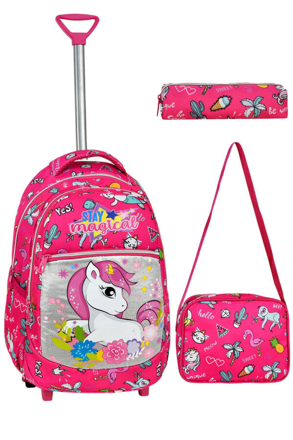 3-Piece School Set with Rolling Backpack, Unicorn Patterned Primary School Bag Lunch Bag Pencil Case - 1