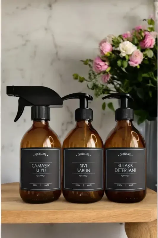 3-Piece Set 300ml Amber Spray Bottle Bleach & Liquid Soap & Dish Soap with Black Labels-black (spray bleach liquid soap dish) - 2