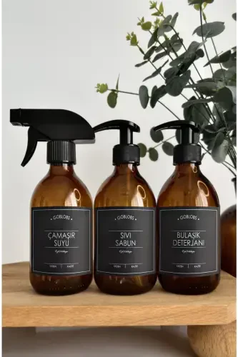 3-Piece Set 300ml Amber Spray Bottle Bleach & Liquid Soap & Dish Soap with Black Labels-black (spray bleach liquid soap dish) - 3