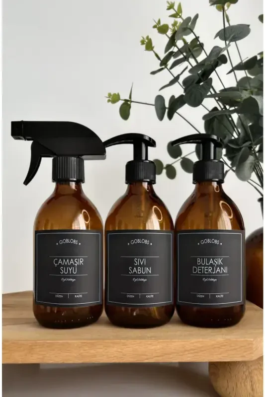 3-Piece Set 300ml Amber Spray Bottle Bleach & Liquid Soap & Dish Soap with Black Labels-black (spray bleach liquid soap dish) - 3